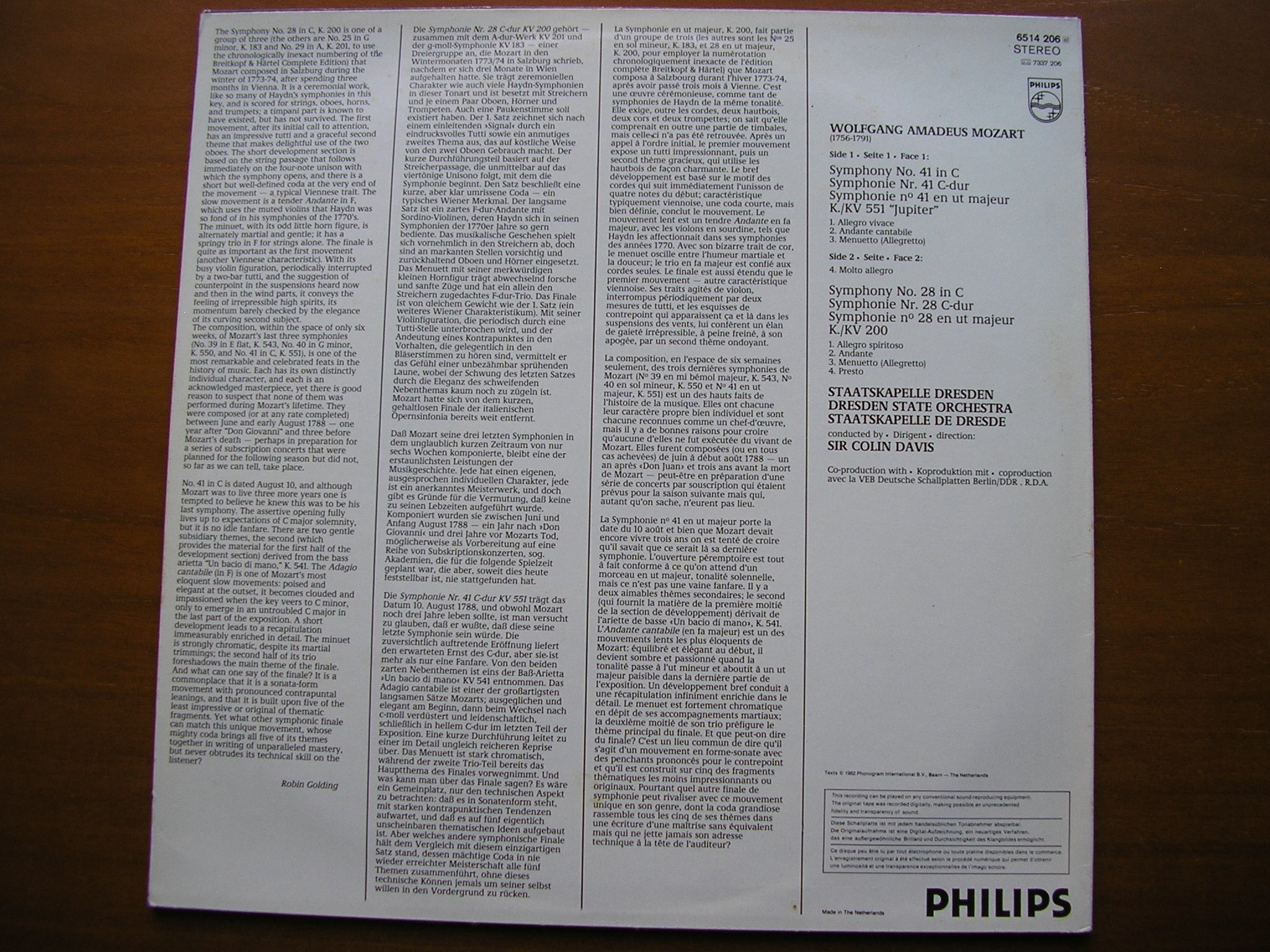 MOZART: SYMPHONIES Nos. 29  &  41  'Jupiter'        DAVIS / STAATSKAPELLE DRESDEN       6514 206