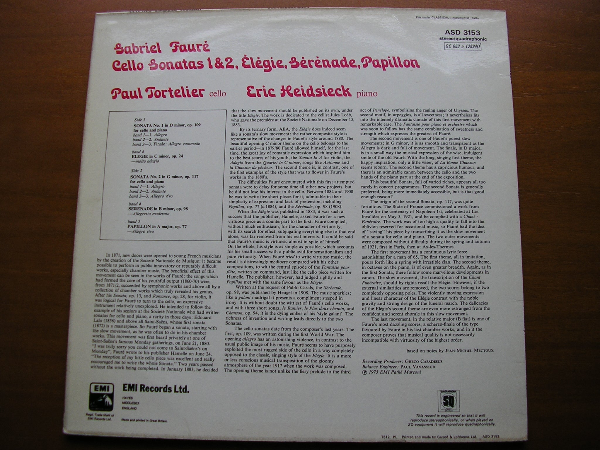 FAURE: CELLO SONATAS      TORTELIER / HEIDSIECK      ASD 3153