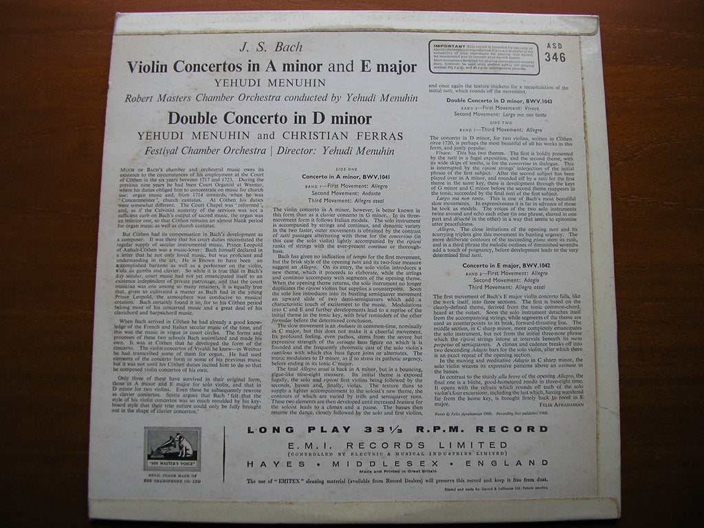 BACH: DOUBLE CONCERTO BWV 1043 / CONCERTOS in A BWV 1041 & in E BWV 1042   MENUHIN / FERRAS  FESTIVAL CHAMBER ORCHESTRA / MENUHIN  ASD 346*