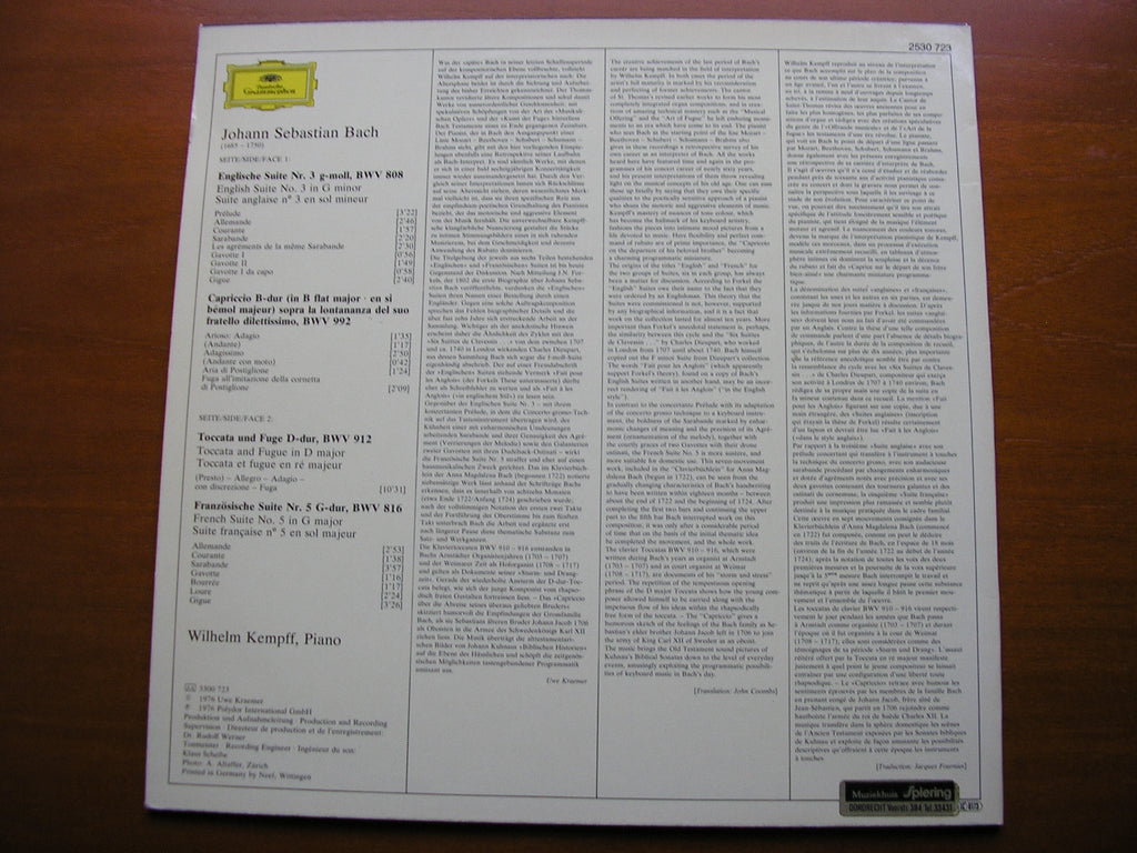 BACH: FRENCH SUITE No. 5 / ENGLSH SUITE No. 3  / TOCCATA     WILHELM KEMPFF   2530 723