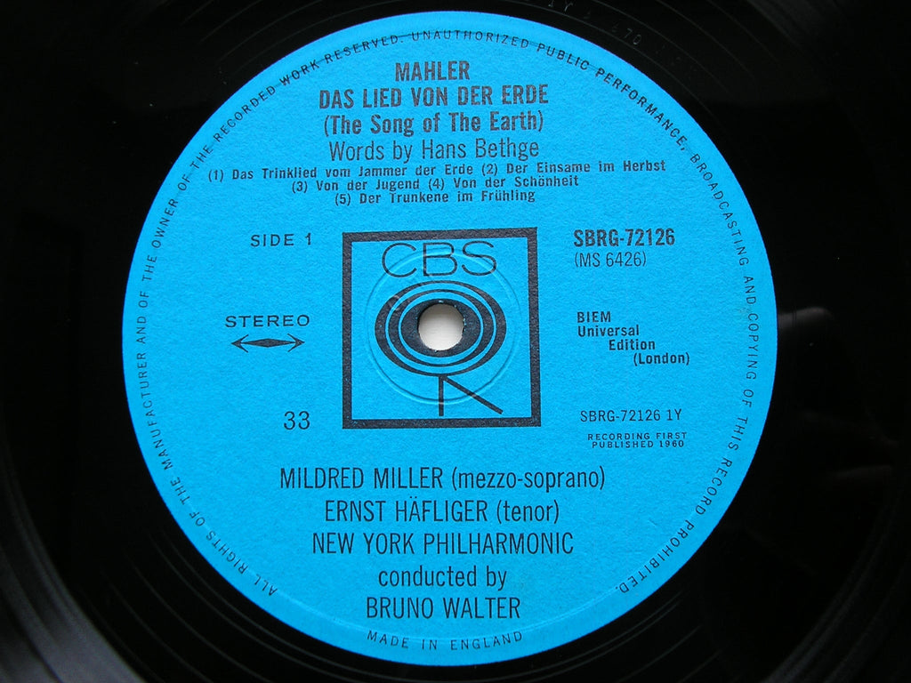 MAHLER: DAS LIED VON DER ERDE     MILLER / HAFLIGER / NEW YORK PHILHARMONIC / WALTER      SBRG 7216
