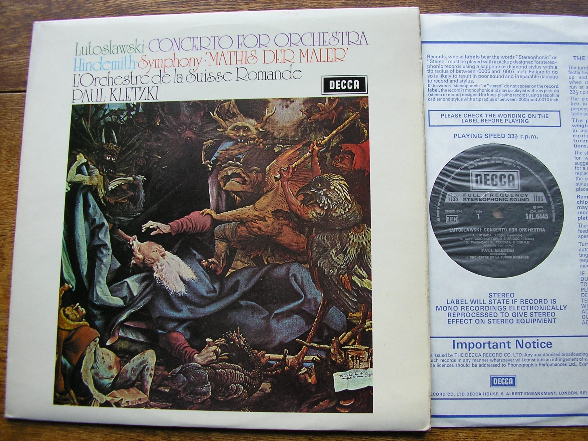 SXL 6445 HINDEMITH: MATHIS DER MALER / LUTOSLAWSKI: CONCERTO FOR ORCHESTRA KLETZKI / SUISSE ROMANDE