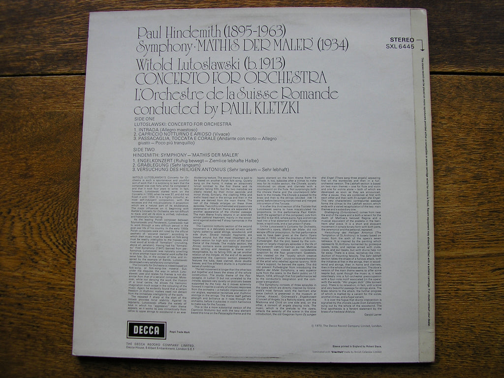 SXL 6445 HINDEMITH: MATHIS DER MALER / LUTOSLAWSKI: CONCERTO FOR ORCHESTRA KLETZKI / SUISSE ROMANDE