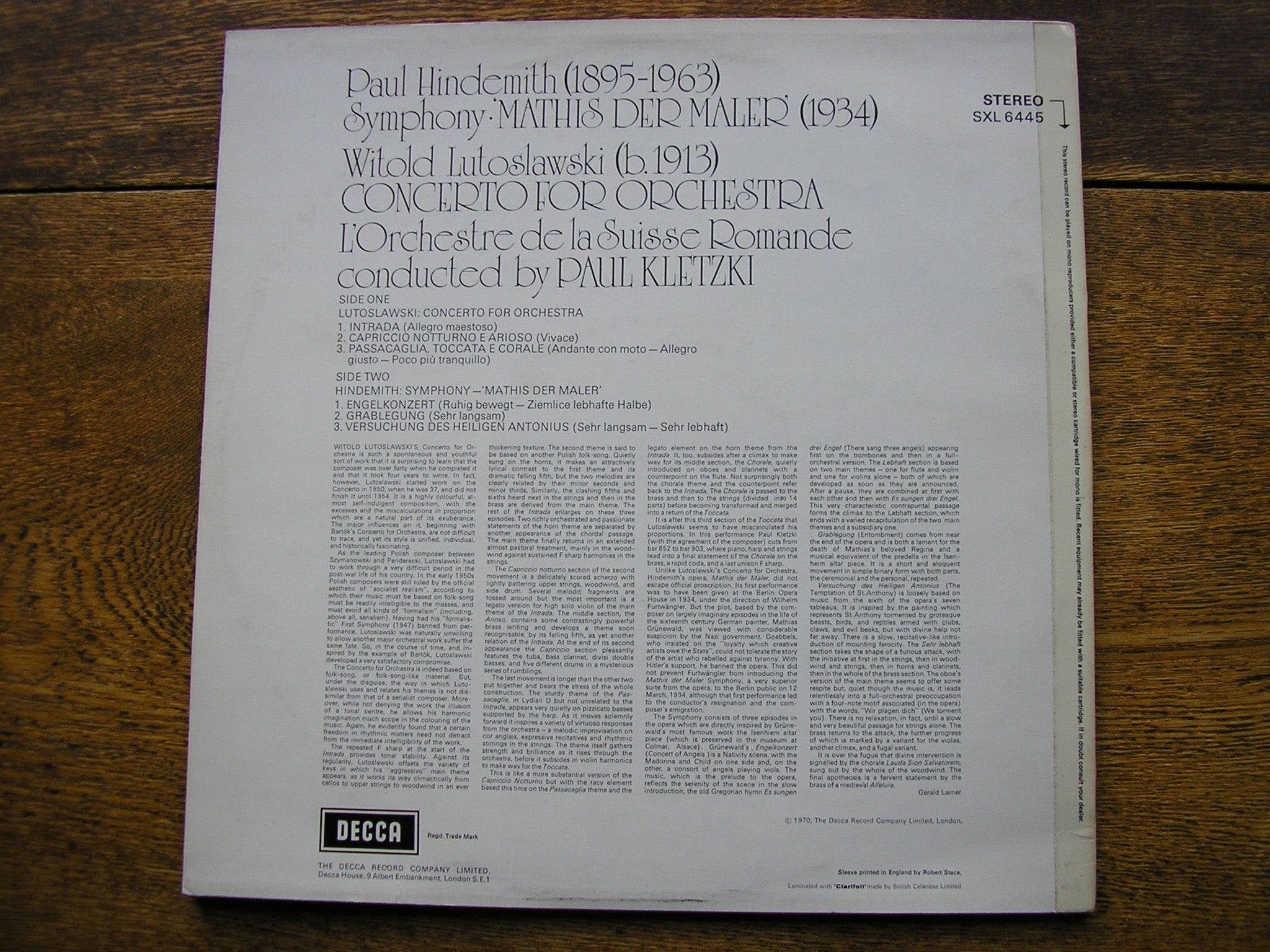 SXL 6445 HINDEMITH: MATHIS DER MALER / LUTOSLAWSKI: CONCERTO FOR ORCHESTRA KLETZKI / SUISSE ROMANDE