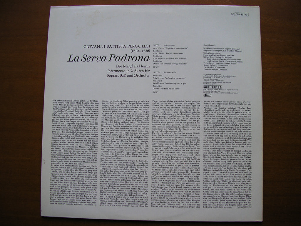 PERGOLESI: LA SERVA PADRONA  (1733)    BONIFACCIO / NIMSGERN / COLLEGIUM AUREUM / MAIER     065 99 749