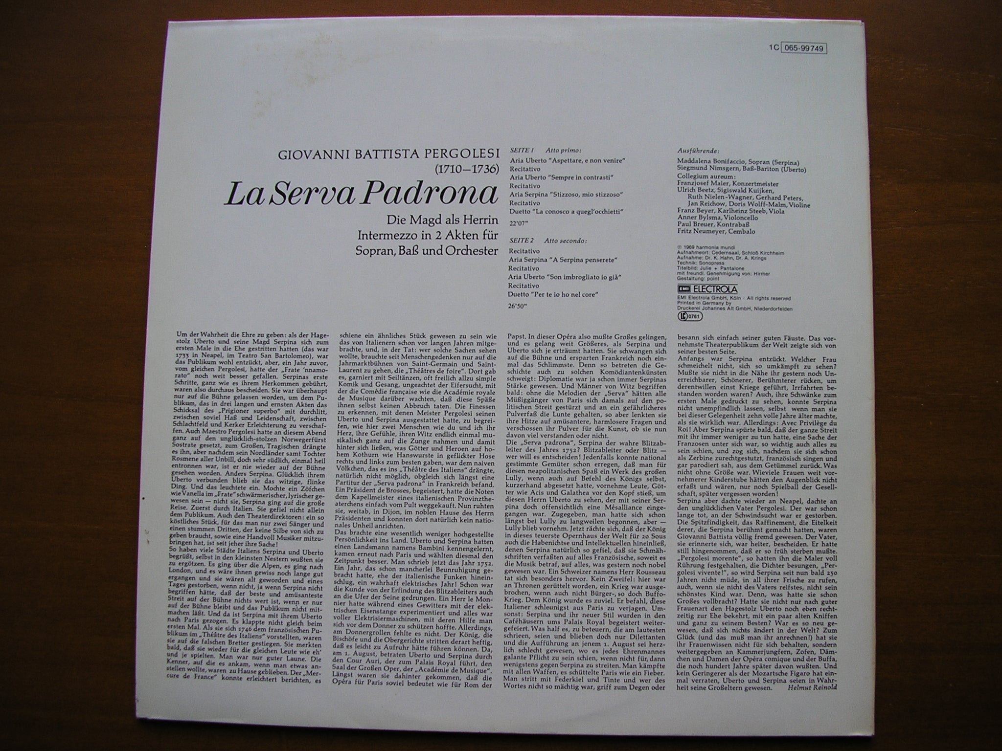 PERGOLESI: LA SERVA PADRONA  (1733)    BONIFACCIO / NIMSGERN / COLLEGIUM AUREUM / MAIER     065 99 749