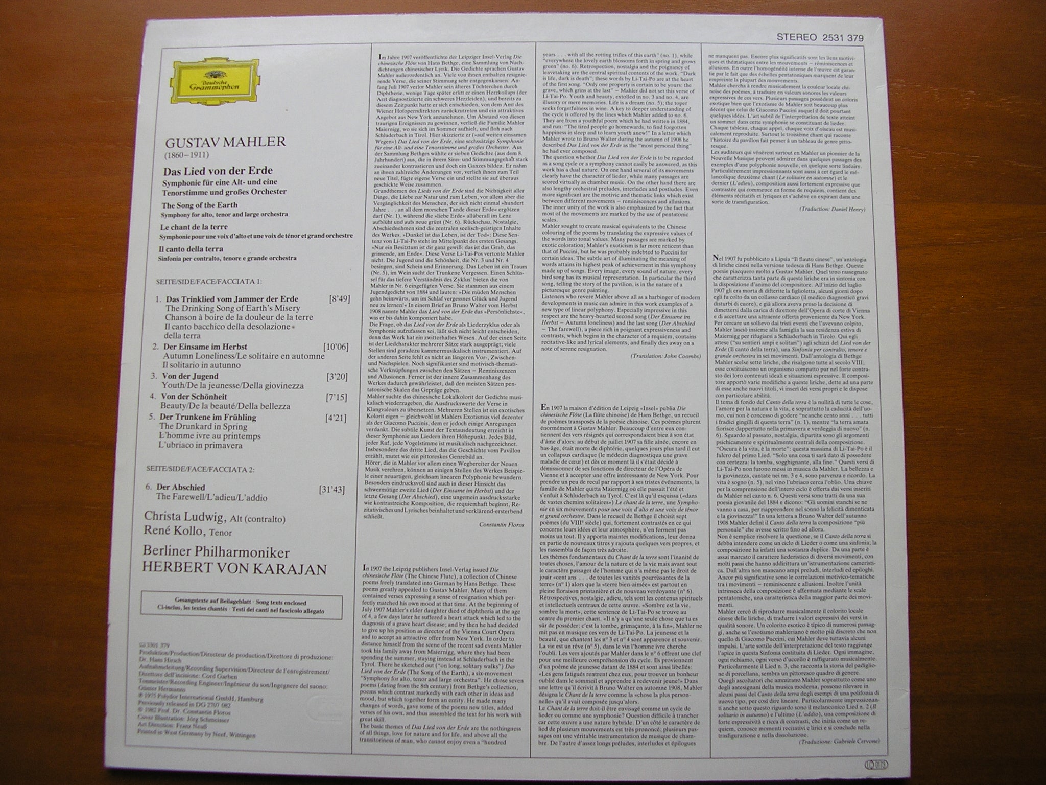 MAHLER: DAS LIED VON DER ERDE      LUDWIG / KOLLO / BERLIN PHILHARMONIC / KARAJAN     2531 379