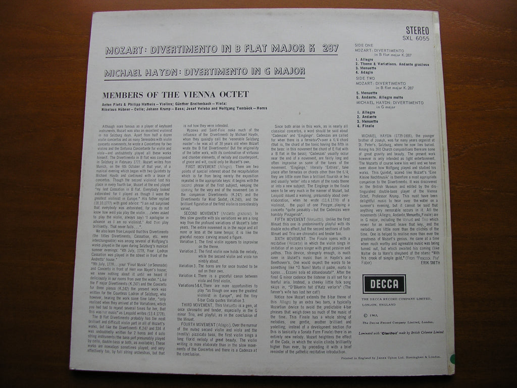 SXL 6055 MOZART: DIVERTIMENTO K287 / MICHAEL HAYDN: DIVERTIMENTO in G MEMBERS OF THE VIENNA OCTET