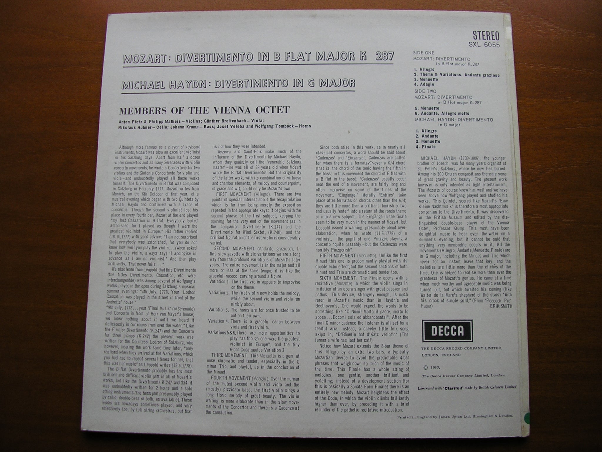 SXL 6055 MOZART: DIVERTIMENTO K287 / MICHAEL HAYDN: DIVERTIMENTO in G MEMBERS OF THE VIENNA OCTET