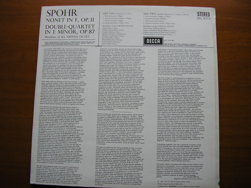 SXL 6319 SPOHR: NONET op. 31 / DOUBLE QUARTET Op. 87 MEMBERS OF THE VIENNA OCTET