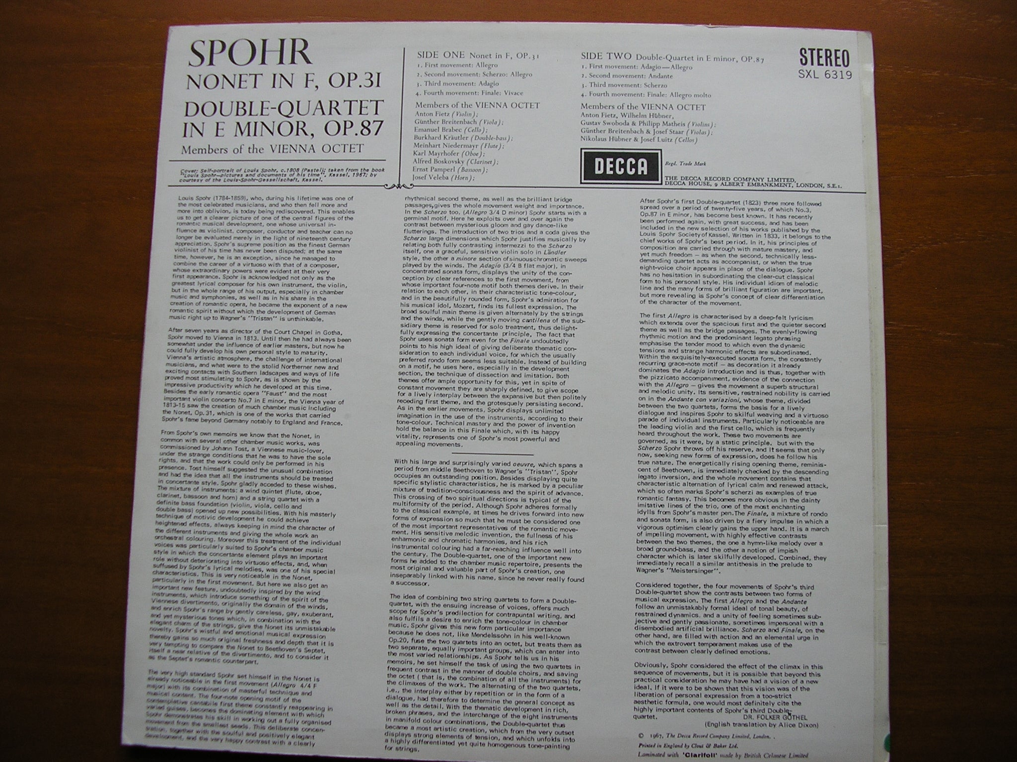 SXL 6319 SPOHR: NONET op. 31 / DOUBLE QUARTET Op. 87 MEMBERS OF THE VIENNA OCTET