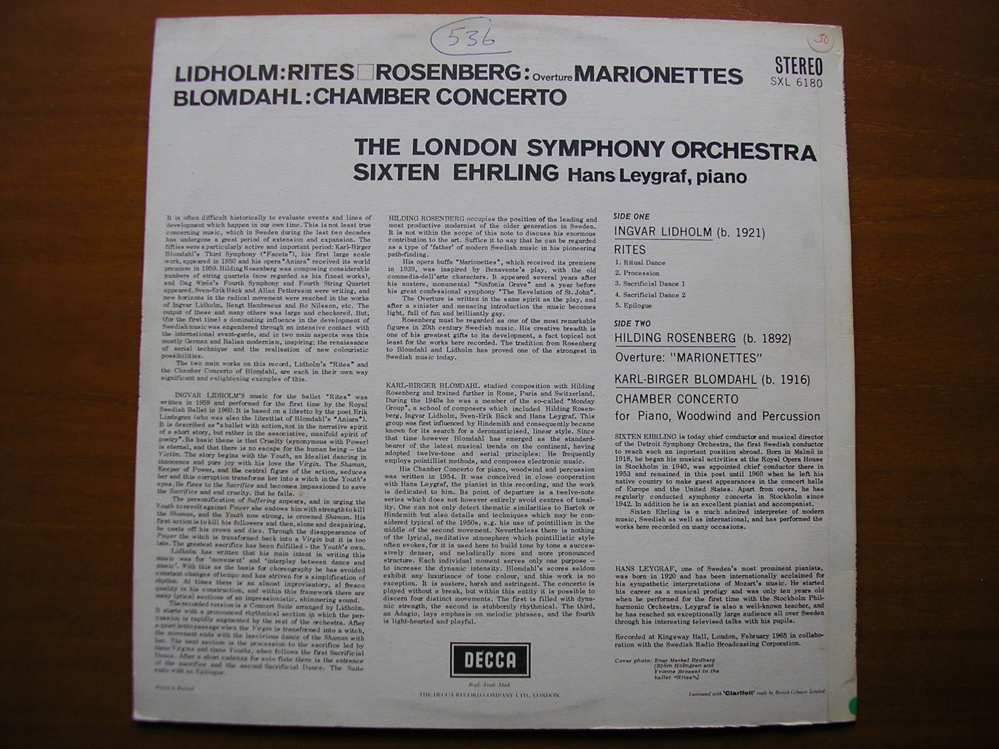 SXL 6180  LIDHOLM: RITES / ROSENBERG: OVERTURE Marionettes / BLOMDAHL: CHAMBER CONCERTO     LEYGRAF / LONDON SYMPHONY / EHRLING    ED1