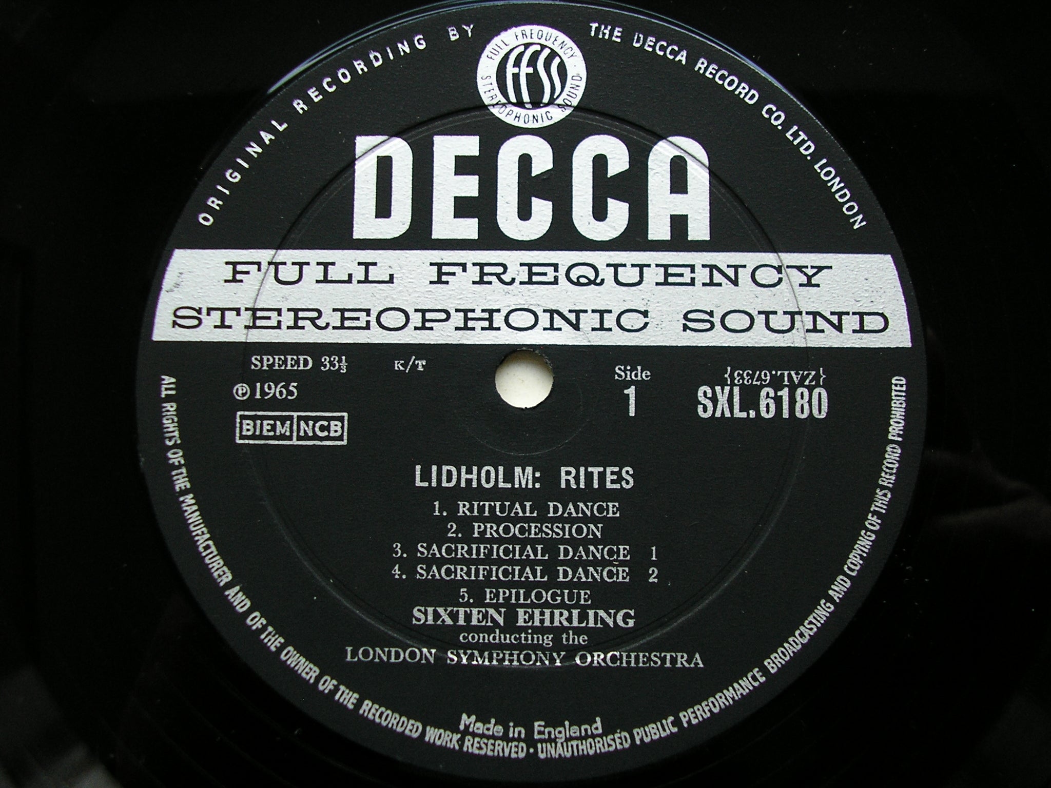SXL 6180  LIDHOLM: RITES / ROSENBERG: OVERTURE Marionettes / BLOMDAHL: CHAMBER CONCERTO     LEYGRAF / LONDON SYMPHONY / EHRLING    ED1