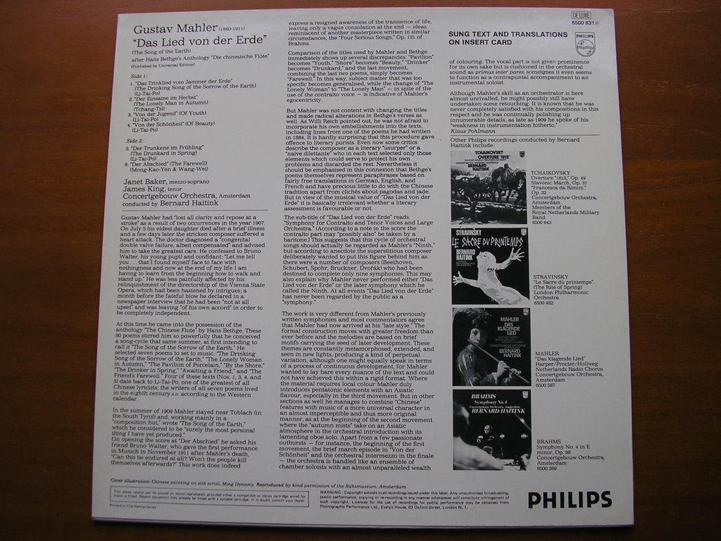 MAHLER: DAS LIED VON DER ERDE      BAKER / KING / CONCERTGEBOUW ORCHESTRA / HAITINK     6500 831
