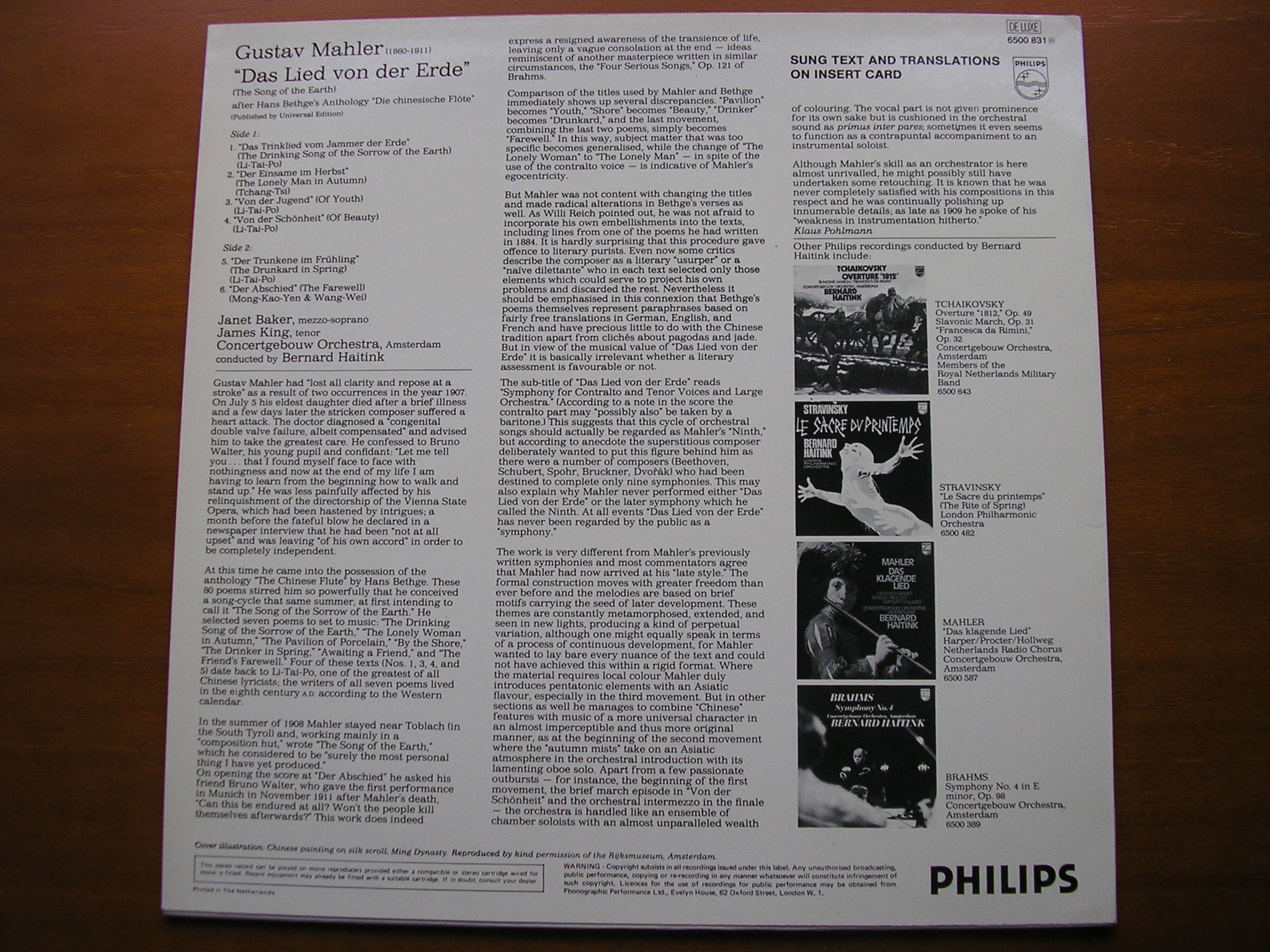 MAHLER: DAS LIED VON DER ERDE      BAKER / KING / CONCERTGEBOUW ORCHESTRA / HAITINK     6500 831