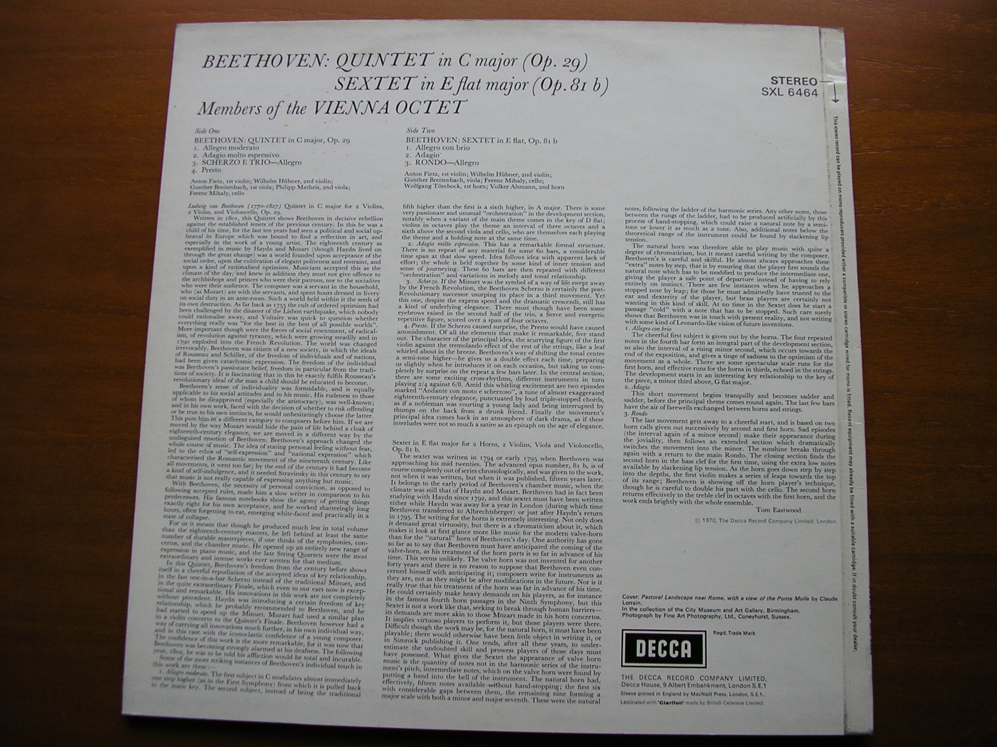 SXL 6464 BEETHOVEN: QUINTET Op. 29 / SEXTET Op. 81b MEMBERS OF THE VIENNA OCTET