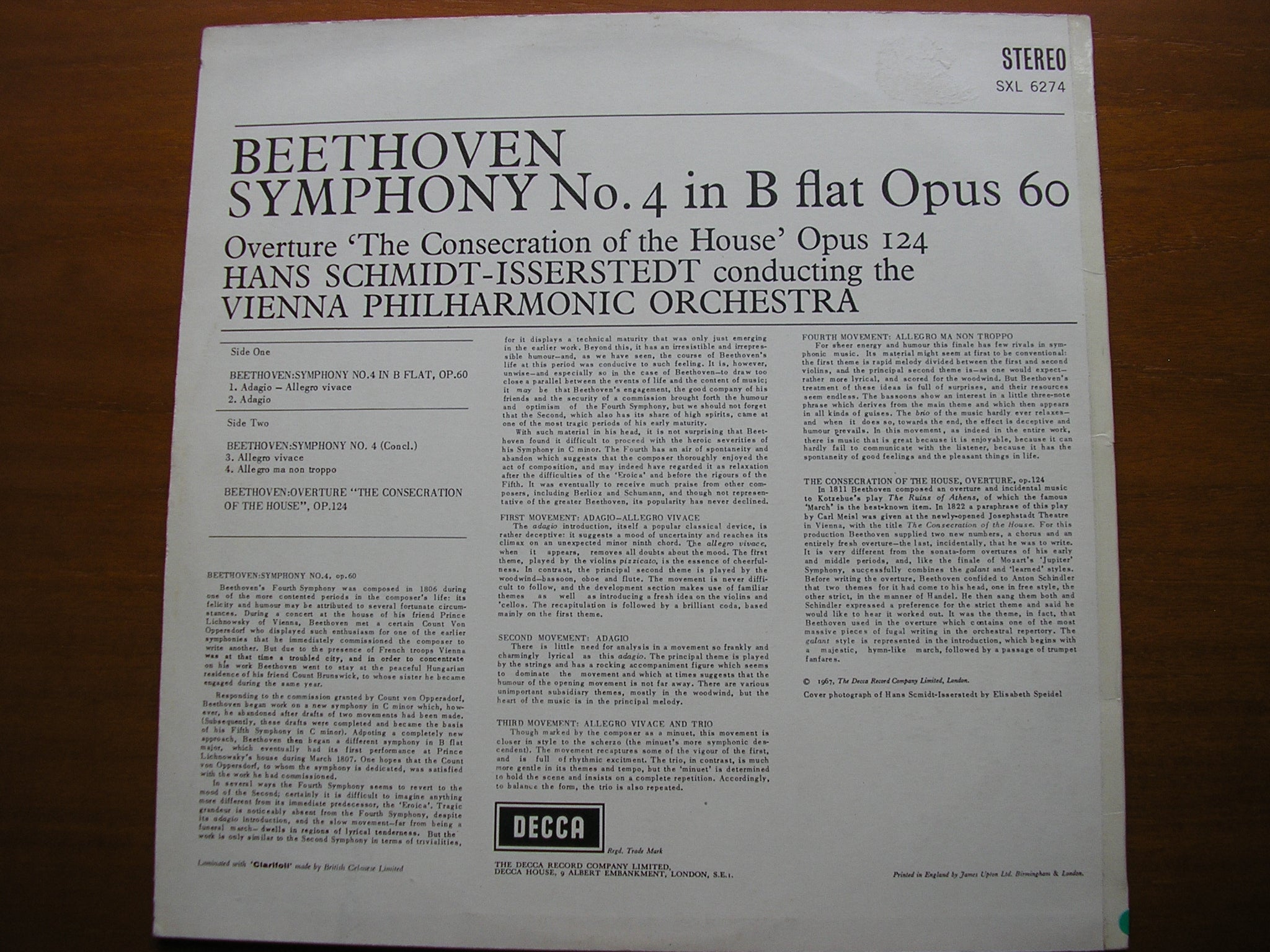 SXL 6274 BEETHOVEN: SYMPHONY No. 4 / OVERTURE The Consecration of the House SCHMIDT-ISSERSTEDT / VIENNA PHILHARMONIC