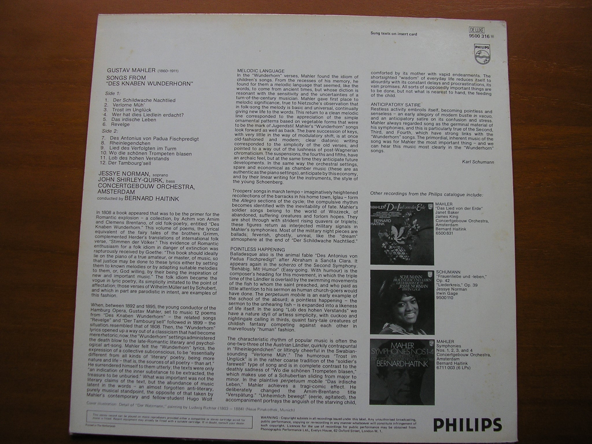 MAHLER: DES KNABEN WUNDERHORN    NORMAN / SHIRLEY-QUIRK / CONCERTGEBOUW ORCHESTRA / HAITINK      9500 316