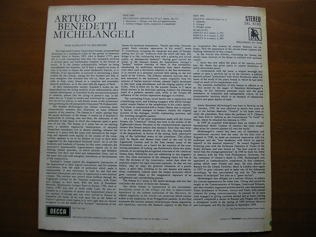 SXL 6181  BEETHOVEN: PIANO SONATA No. 32 / SONATAS BY GALUPPI & SCARLATTI     MICHELANGELI     ED2