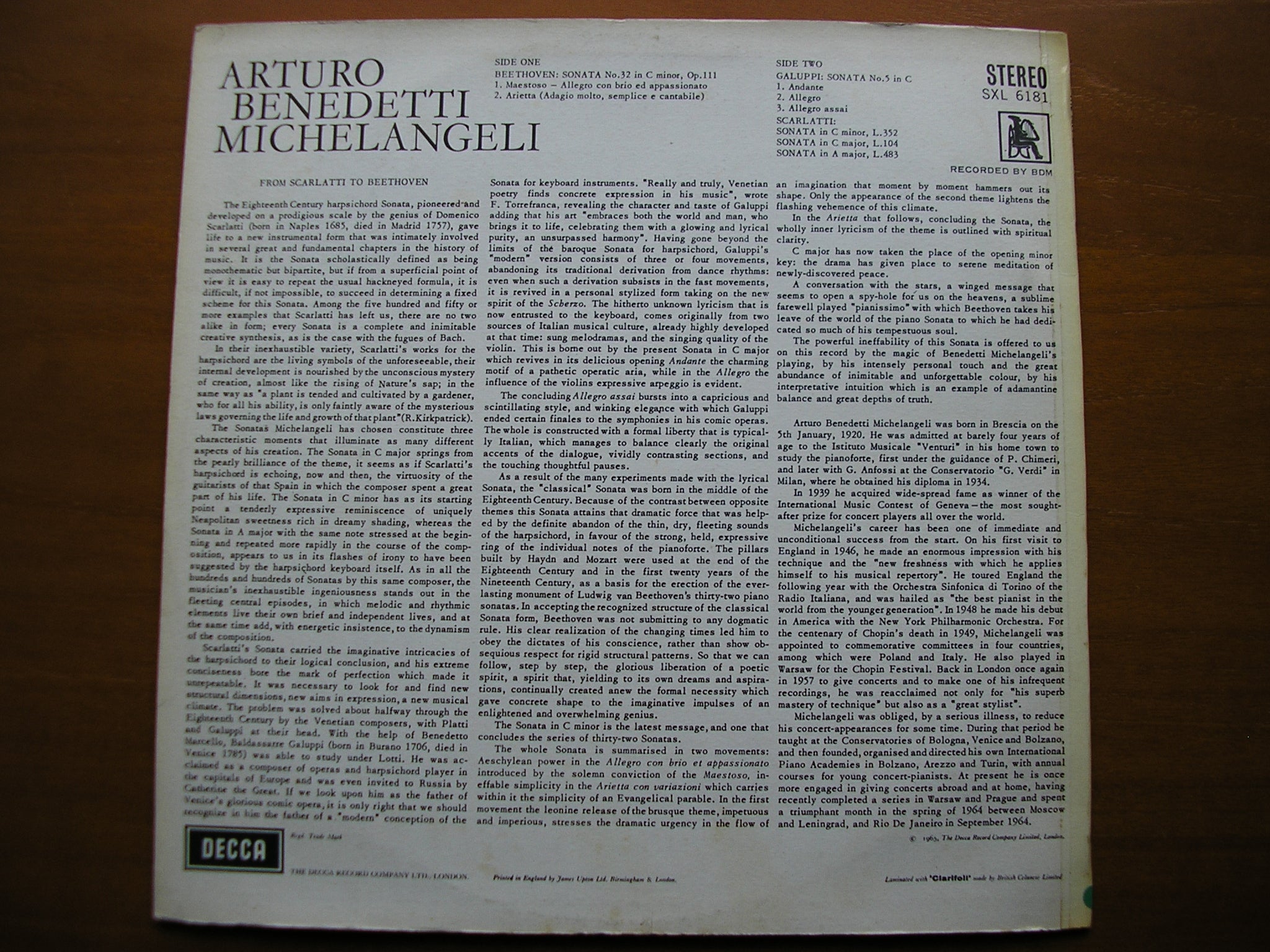 SXL 6181  BEETHOVEN: PIANO SONATA No. 32 / SONATAS BY GALUPPI & SCARLATTI     MICHELANGELI     ED2