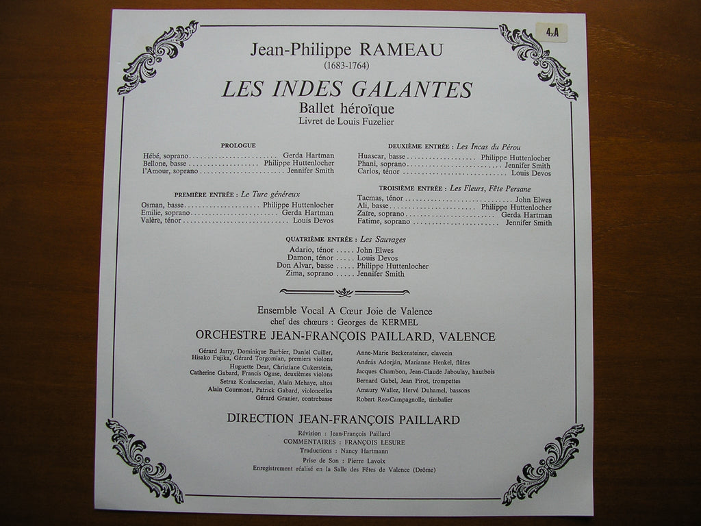 RAMEAU: LES INDES GALANTES (1735)     SOLOISTS / PAILLARD ORCHESTRA / JEAN FRANCOIS PAILLARD       4LP      STU 70850 / 53