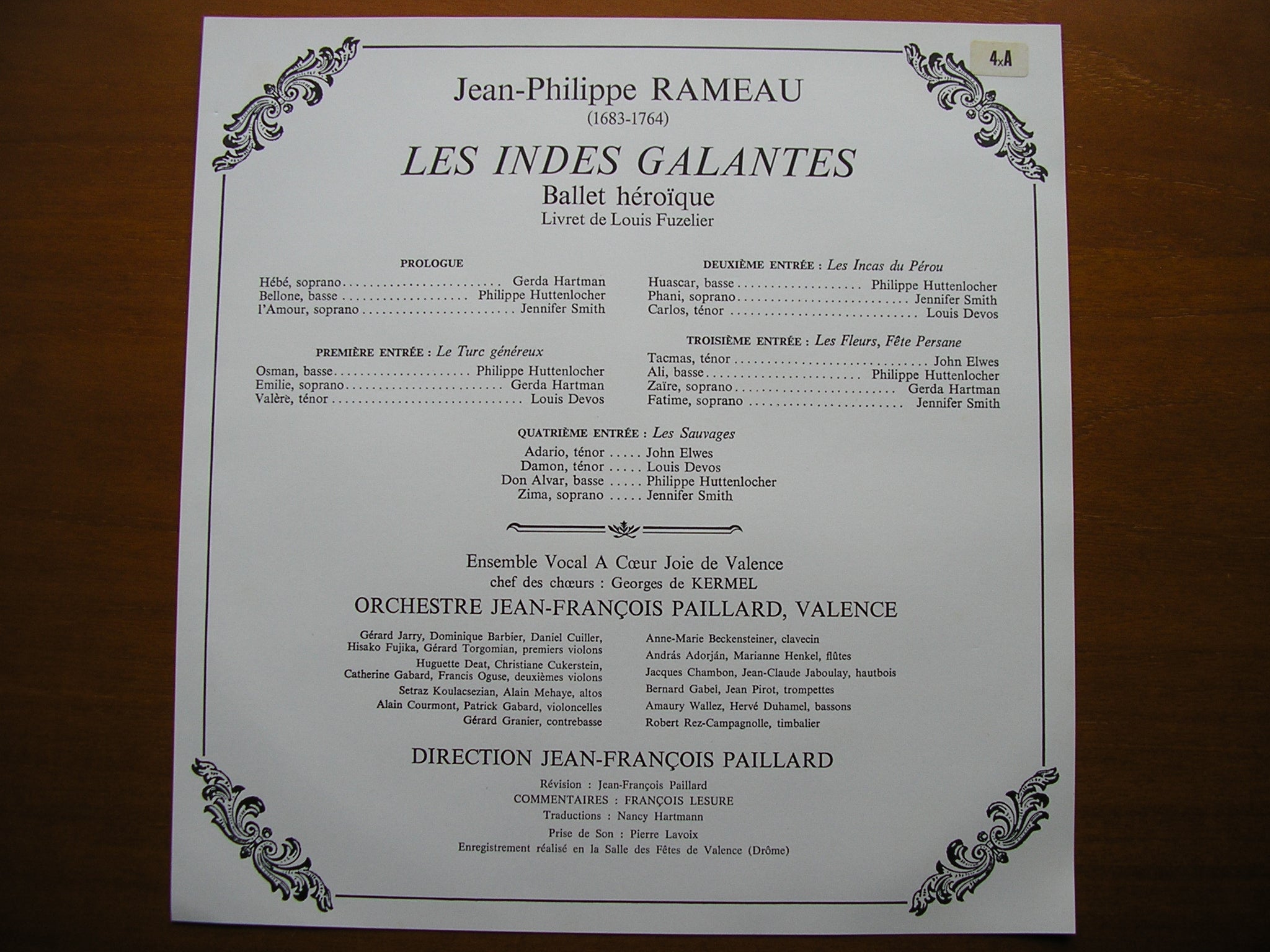 RAMEAU: LES INDES GALANTES (1735)     SOLOISTS / PAILLARD ORCHESTRA / JEAN FRANCOIS PAILLARD       4LP      STU 70850 / 53