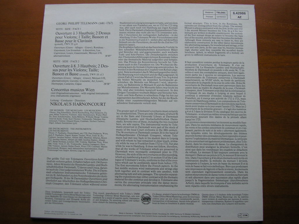 TELEMANN: OVERTURES in G & D      HARNONCOURT / CONCENTUS MUSICUS WIEN     6.42986