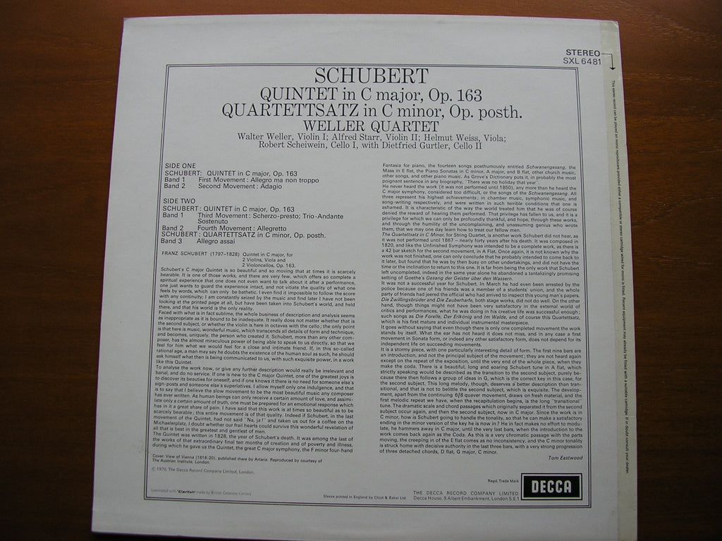 SXL 6481 SCHUBERT: STRING QUINTET / QUARTETTSATZ WELLER QUARTET / GURTLER
