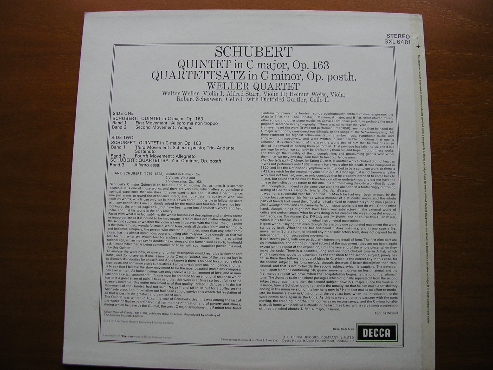 SXL 6481 SCHUBERT: STRING QUINTET / QUARTETTSATZ WELLER QUARTET / GURTLER