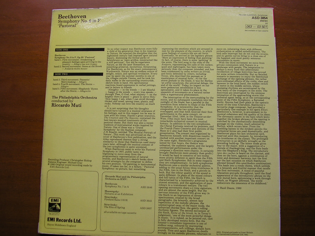 BEETHOVEN: SYMPHONY No. 6 'Pastoral' RICCARDO MUTI / PHILADELPHIA ORCHESTRA ASD 3854