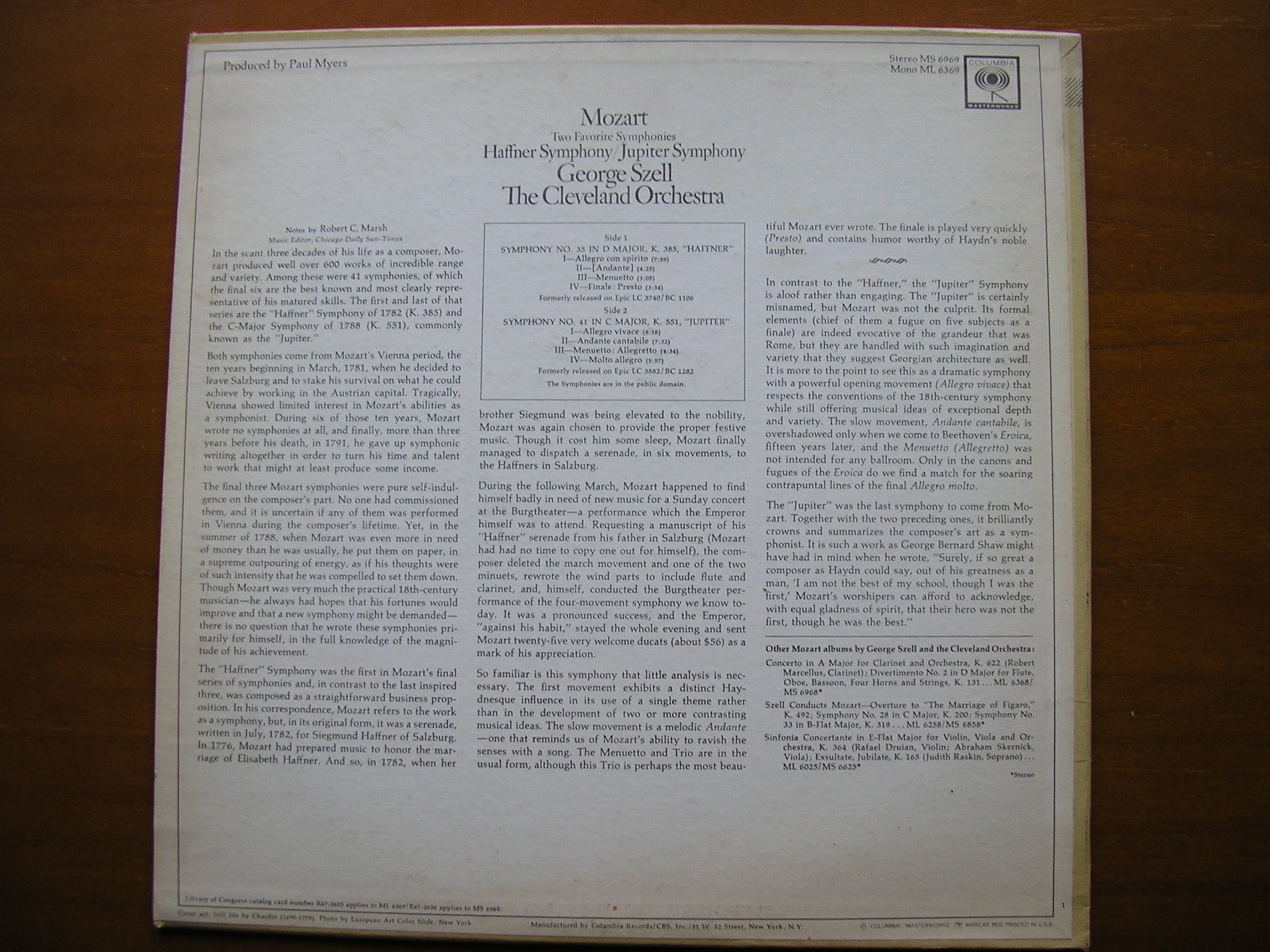 MOZART: SYMPHONIES  Nos. 35 'Haffner'  &  41  'Jupiter'      SZELL / CLEVELAND ORCHESTRA     MS 6969