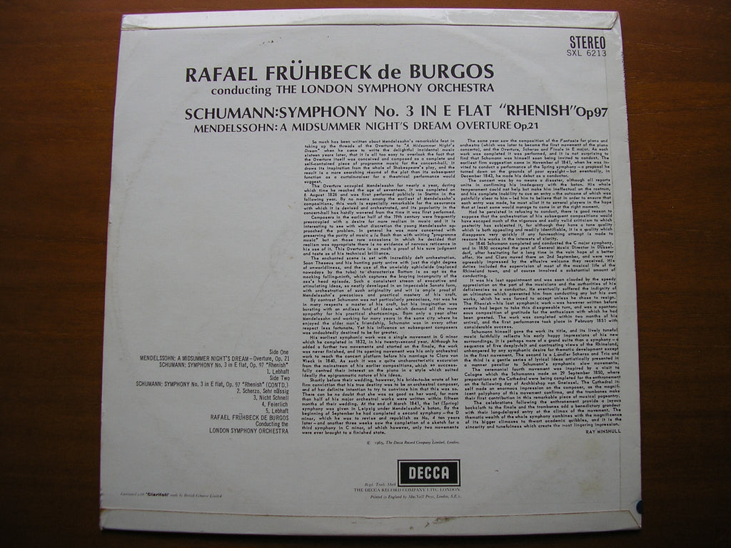 SXL 6213 SCHUMANN: SYMPHONY No. 3 'Rhenish' / MENDELSSOHN: MIDSUMMER NIGHT'S DREAM Overture DE BURGOS / LONDON SYMPHONY
