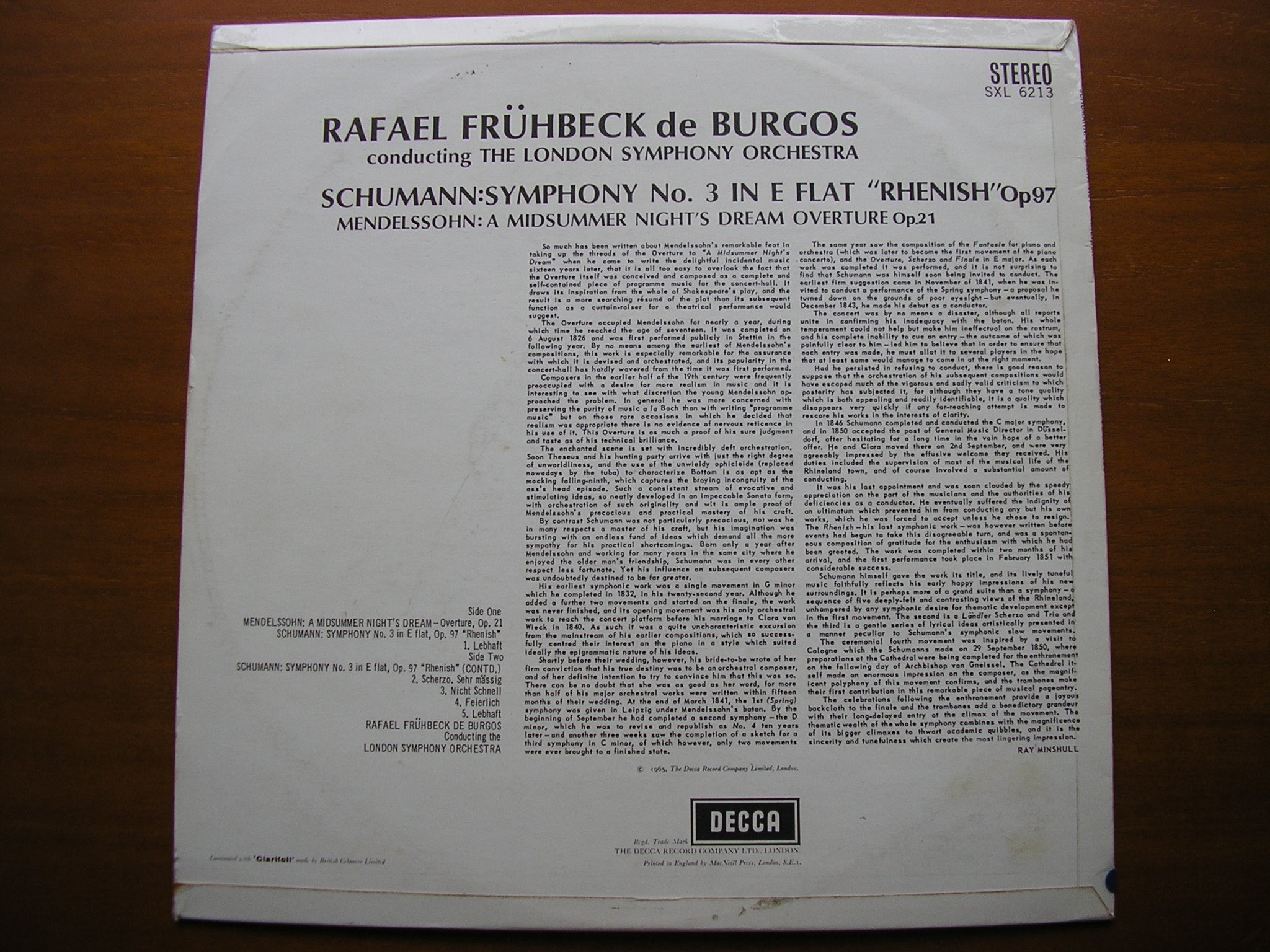 SXL 6213 SCHUMANN: SYMPHONY No. 3 'Rhenish' / MENDELSSOHN: MIDSUMMER NIGHT'S DREAM Overture DE BURGOS / LONDON SYMPHONY