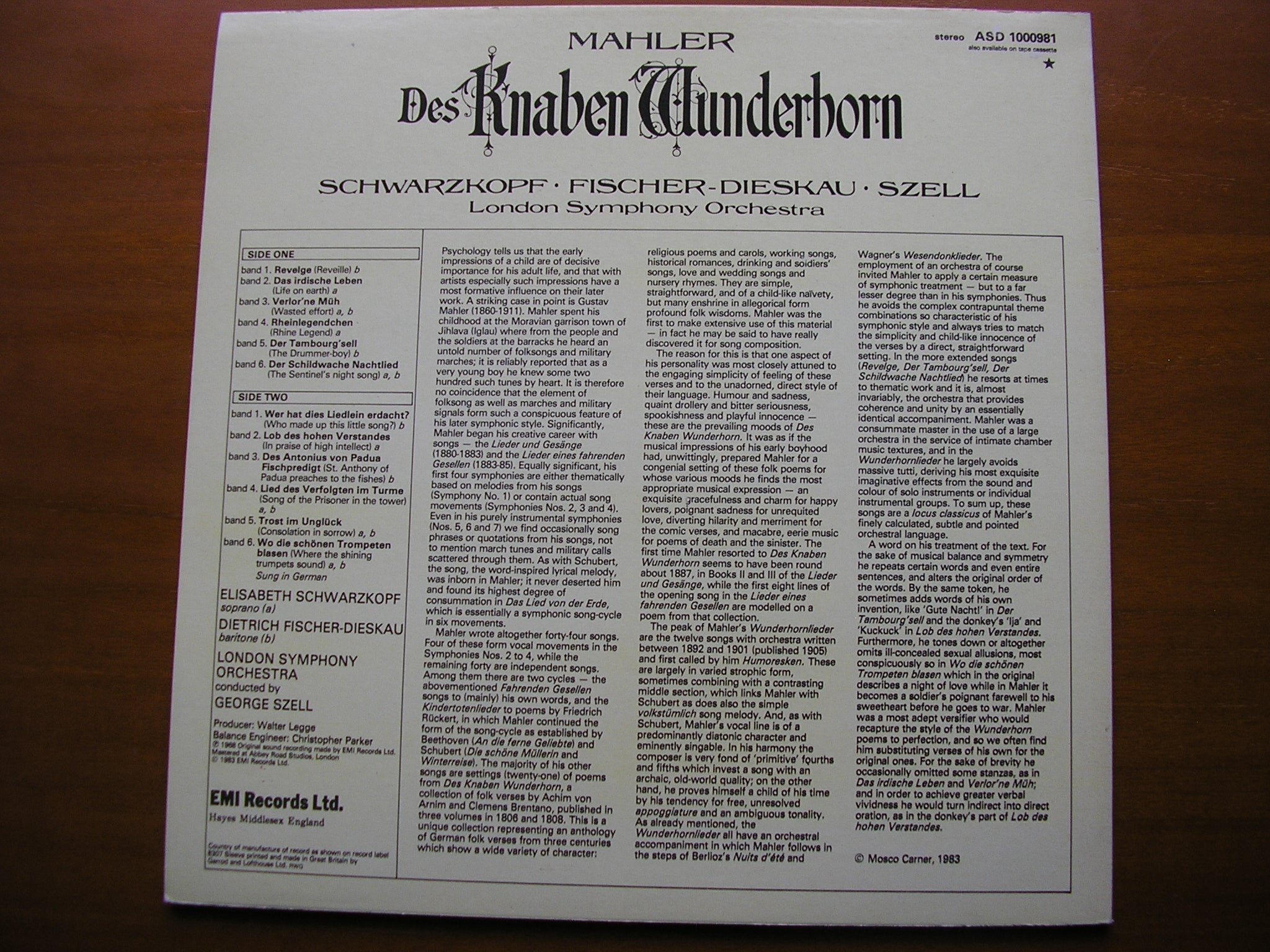 MAHLER: DES KNABEN WUNDERHORN      SCHWARZKOPF / FISCHER-DIESKAU / LONDON SYMPHONY / SZELL      ASD 1000981