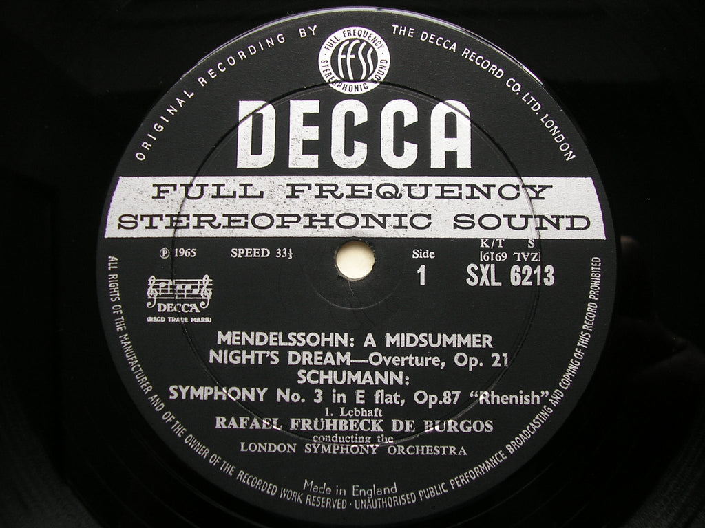 SXL 6213 SCHUMANN: SYMPHONY No. 3 'Rhenish' / MENDELSSOHN: MIDSUMMER NIGHT'S DREAM Overture DE BURGOS / LONDON SYMPHONY