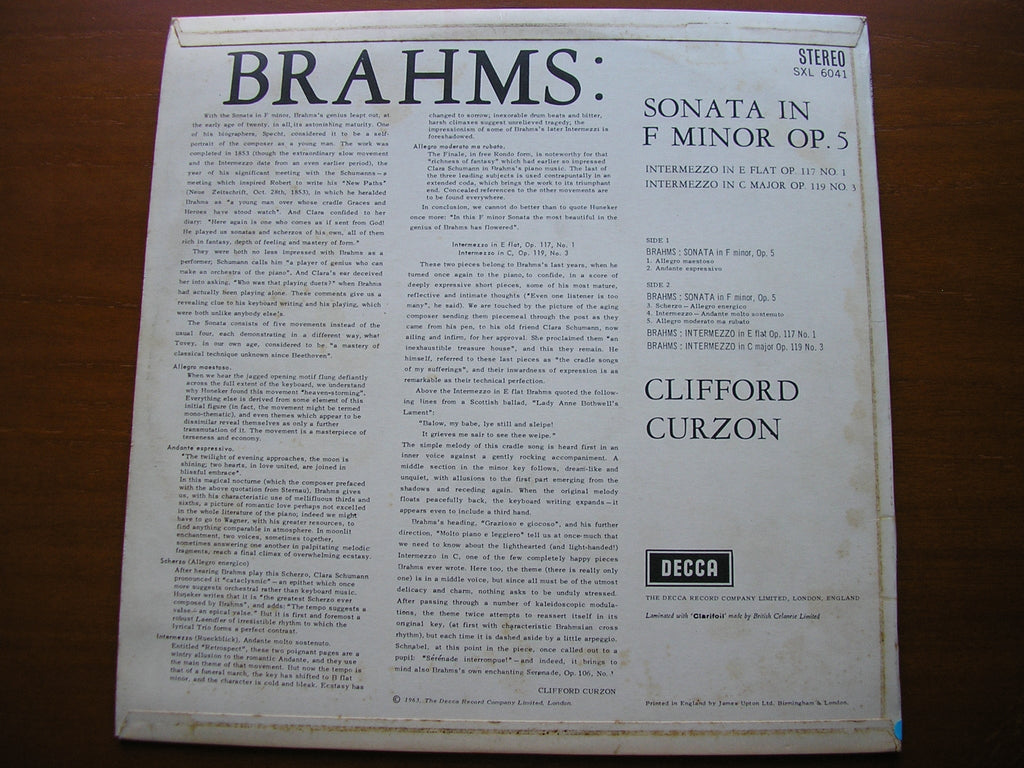 SXL 6041 BRAHMS: PIANO SONATA in F Op. 5 / TWO INTERMEZZI CLIFFORD CURZON