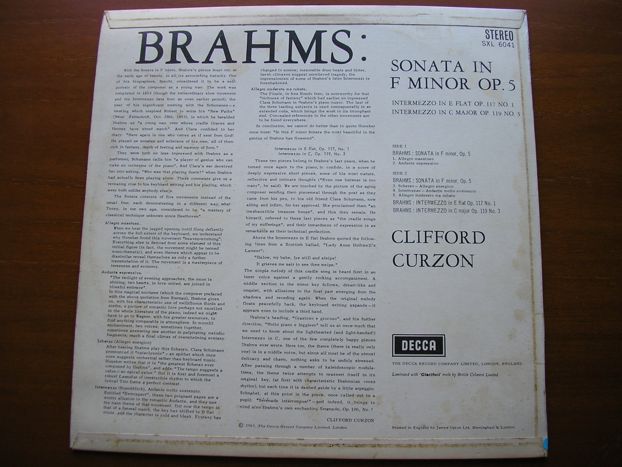 SXL 6041 BRAHMS: PIANO SONATA in F Op. 5 / TWO INTERMEZZI CLIFFORD CURZON