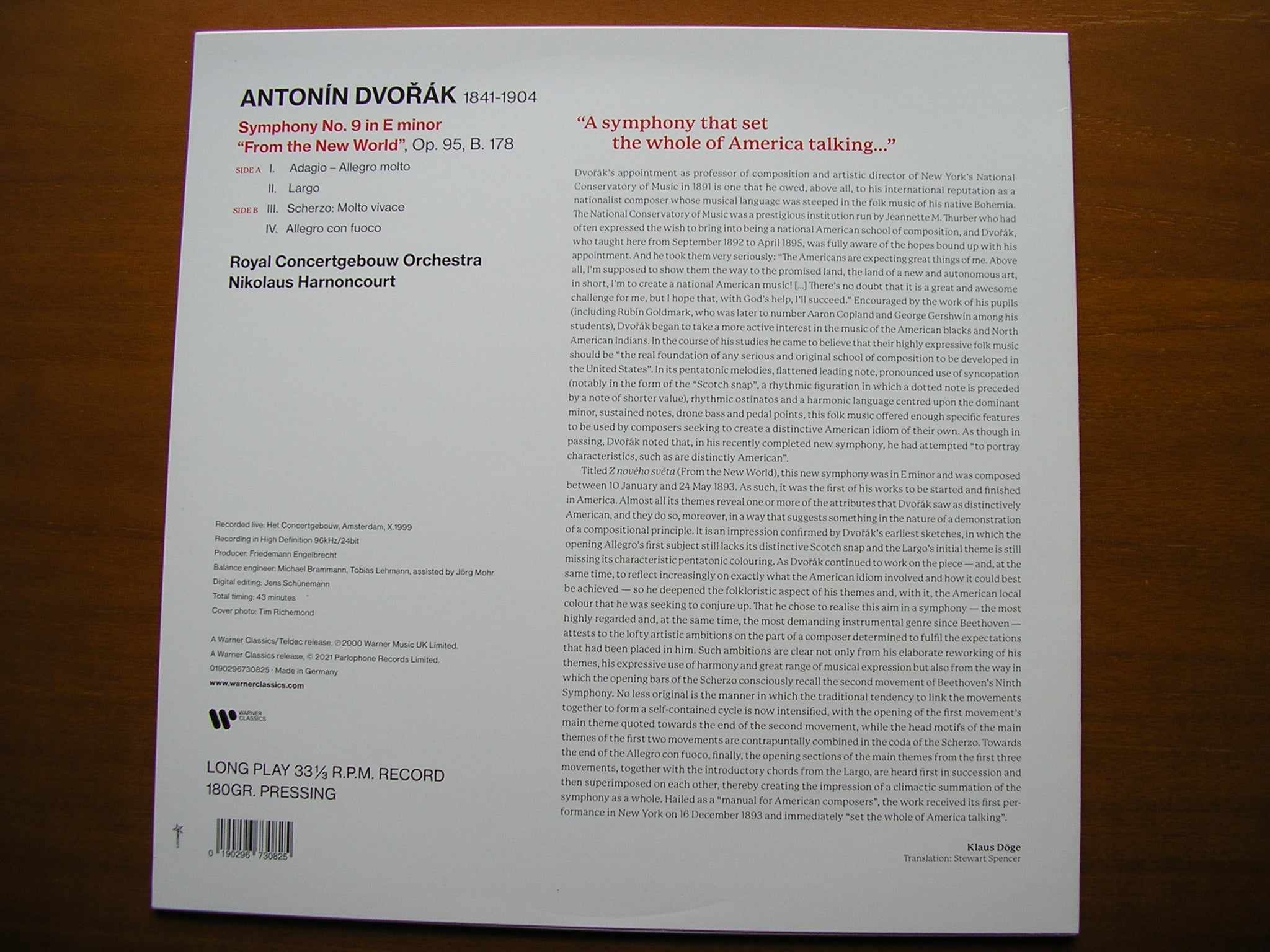 DVORAK: SYMPHONY No. 9      HARNONCOURT / CONCERTGEBOUW ORCHESTRA    0190296730825