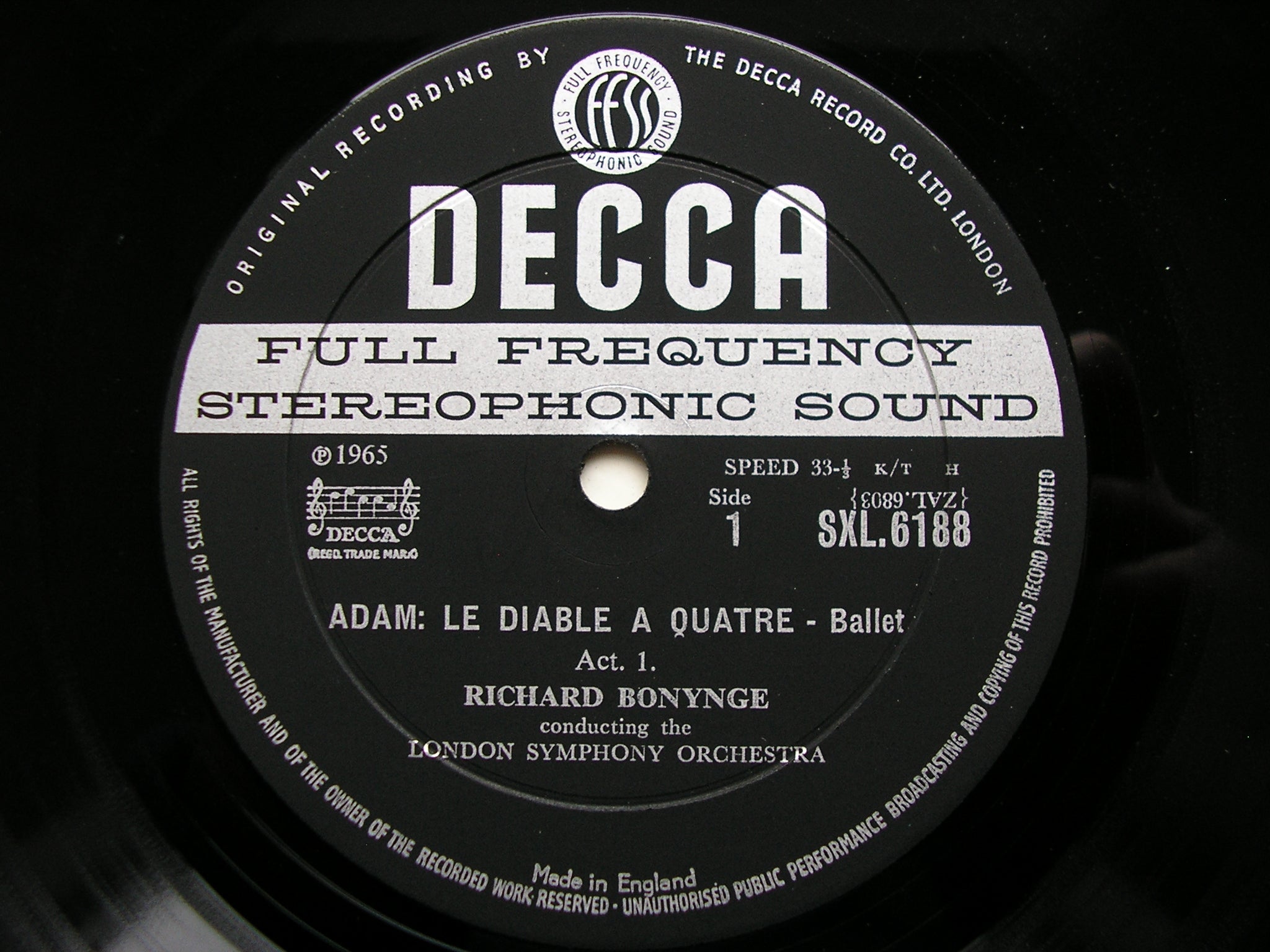SXL 6188  ADAM:  LE DIABLE A QUATRE  complete ballet     BONYNGE / LONDON SYMPHONY    ED1