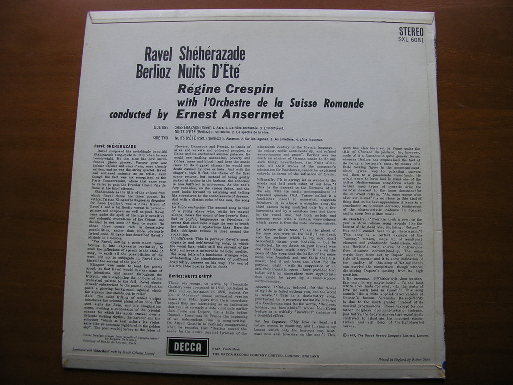 SXL 6081 BERLIOZ: LES NUITS D'ETE / RAVEL: SHEHERAZADE CRESPIN / SUISSE ROMANDE / ANSERMET