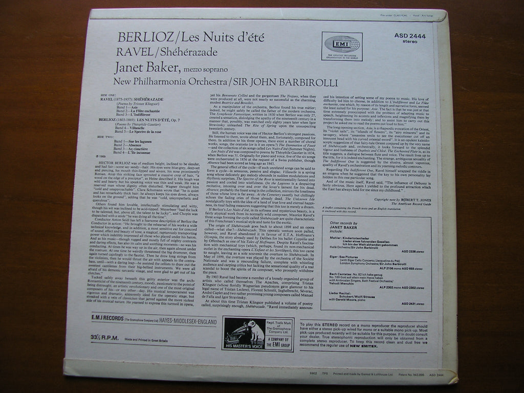 BERLIOZ: LES NUITS D'ETE / RAVEL: SHEHERAZADE     BAKER / NEW PHILHARMONIA / BARBIROLLI     ASD 2444