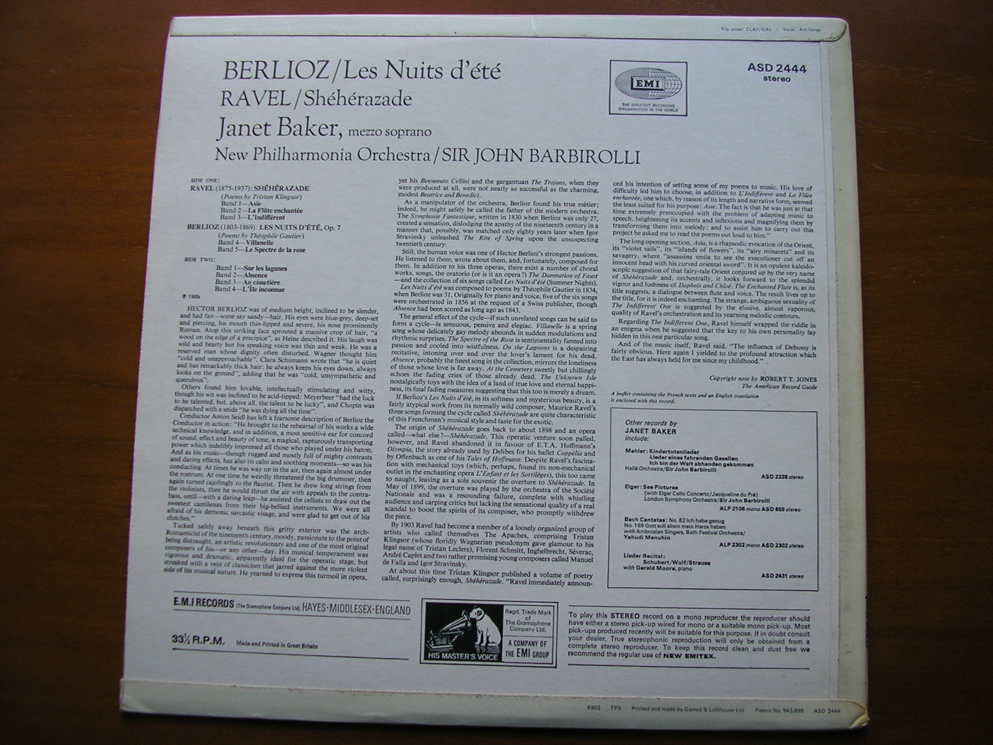 BERLIOZ: LES NUITS D'ETE / RAVEL: SHEHERAZADE     BAKER / NEW PHILHARMONIA / BARBIROLLI     ASD 2444