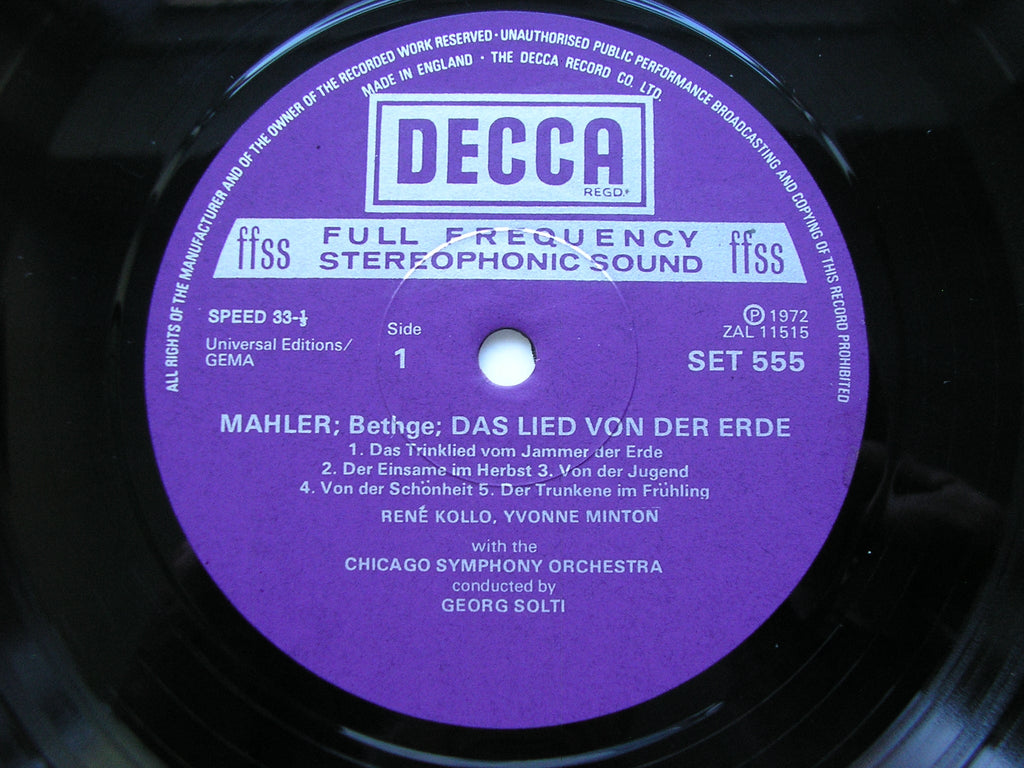 MAHLER: DAS LIED VON DER ERDE     MINTON / KOLLO / CHICAGO SYMPHONY / SOLTI      SET 555