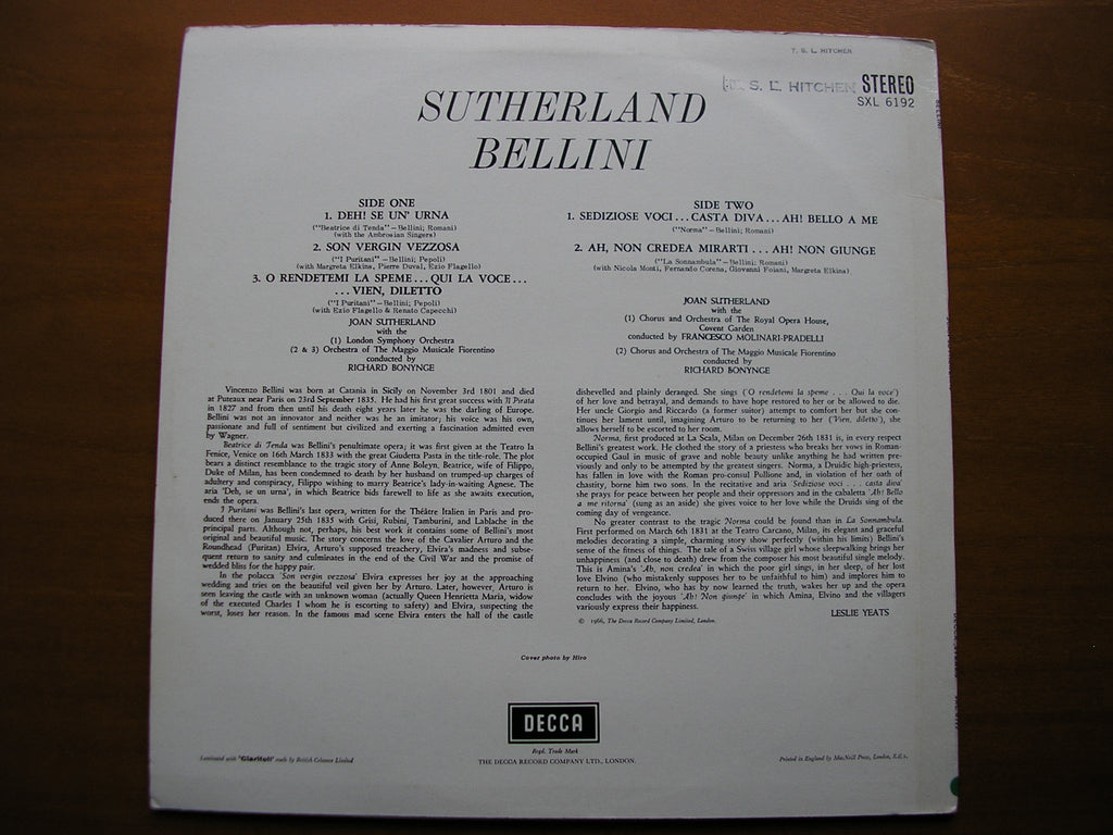 SXL 6192  SUTHERLAND SINGS BELLINI        BONYNGE / LSO / MOLINARI-PRADELLI / OROHCG      ED1