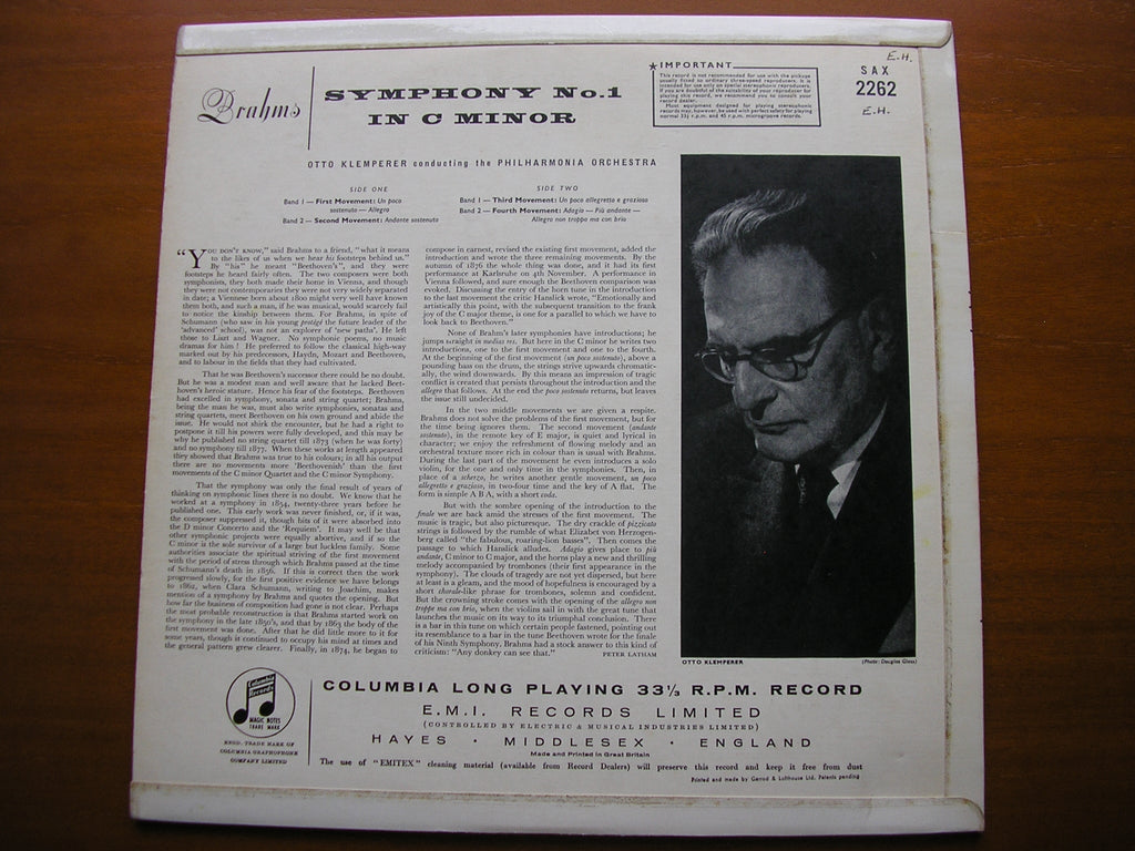 SAX 2262  BRAHMS: SYMPHONY No. 1       PHILHARMONIA / KLEMPERER