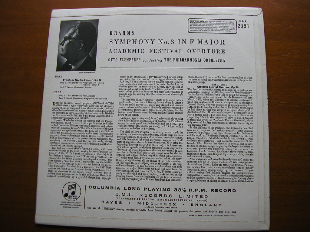 SAX 2351  BRAHMS: SYMPHONY No. 3 / ACADEMIC FESTIVAL       PHILHARMONIA / KLEMPERER
