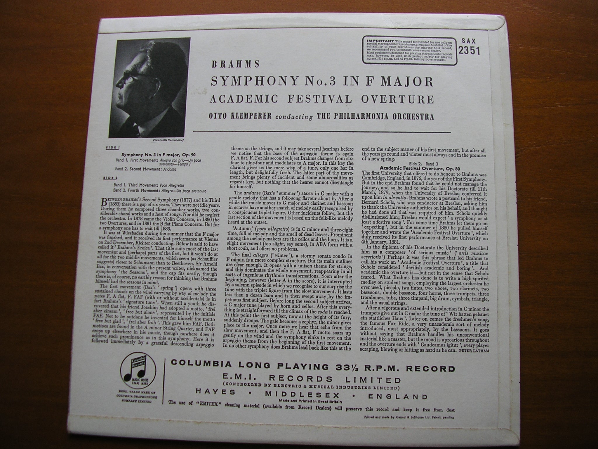 SAX 2351  BRAHMS: SYMPHONY No. 3 / ACADEMIC FESTIVAL       PHILHARMONIA / KLEMPERER