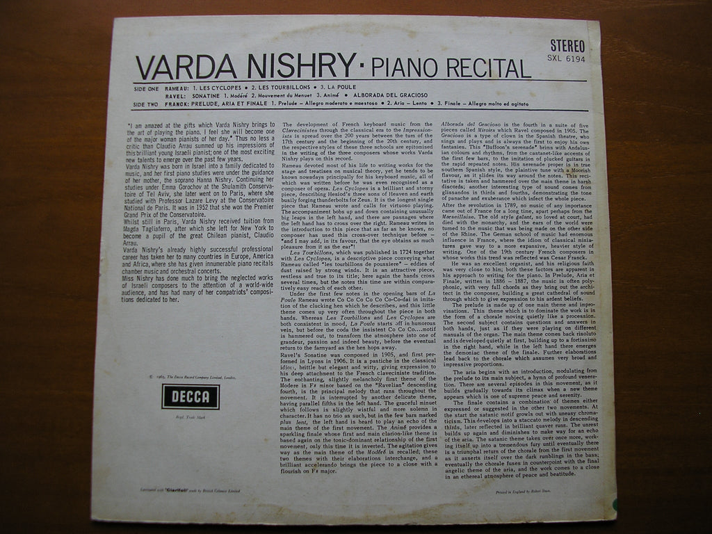 SXL 6194  RAMEAU / FRANCK / RAVEL: PIANO MUSIC      VARDA NISHRY    ED2