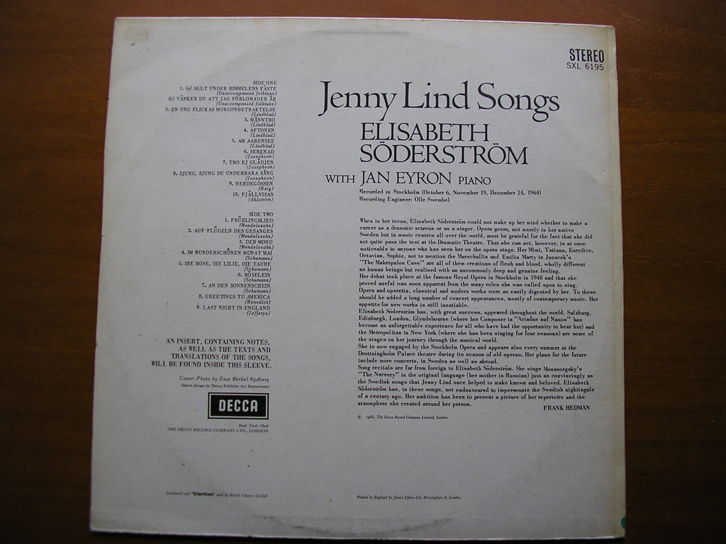 SXL 6195  JENNY LIND SONGS: MENDELSSOHN / SCHUMANN / LINDBLAD / JOSEPHSON     ELISABETH SODERSTROM / JAN EYRON      ED2