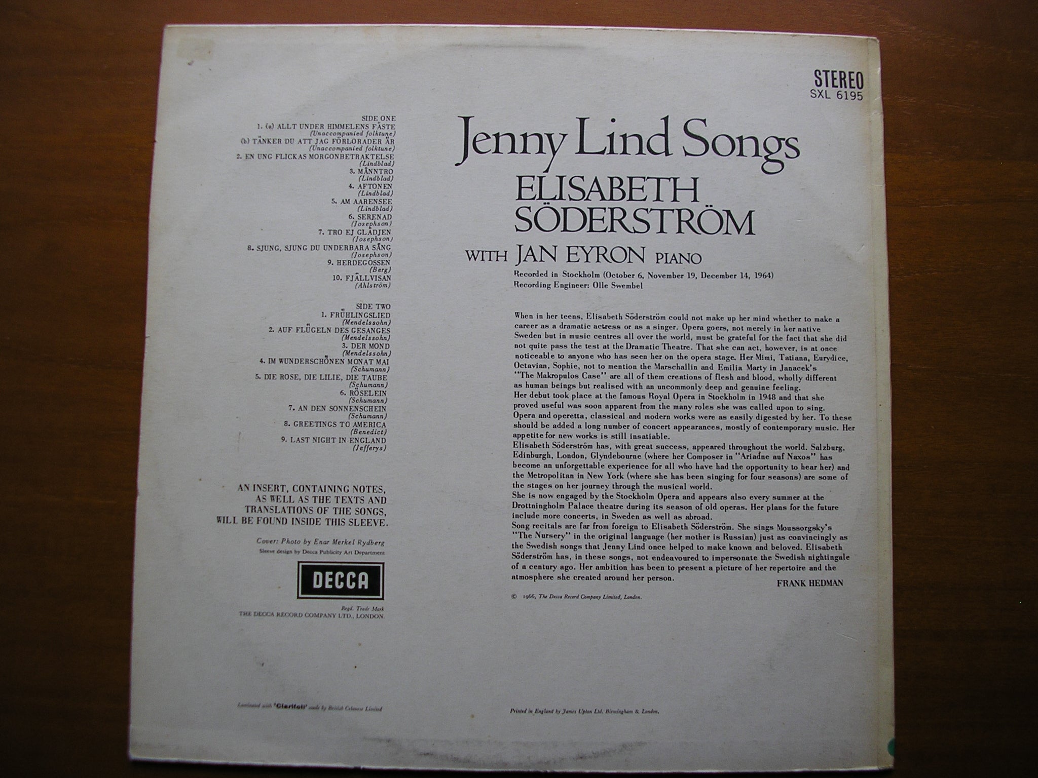 SXL 6195  JENNY LIND SONGS: MENDELSSOHN / SCHUMANN / LINDBLAD / JOSEPHSON     ELISABETH SODERSTROM / JAN EYRON      ED2